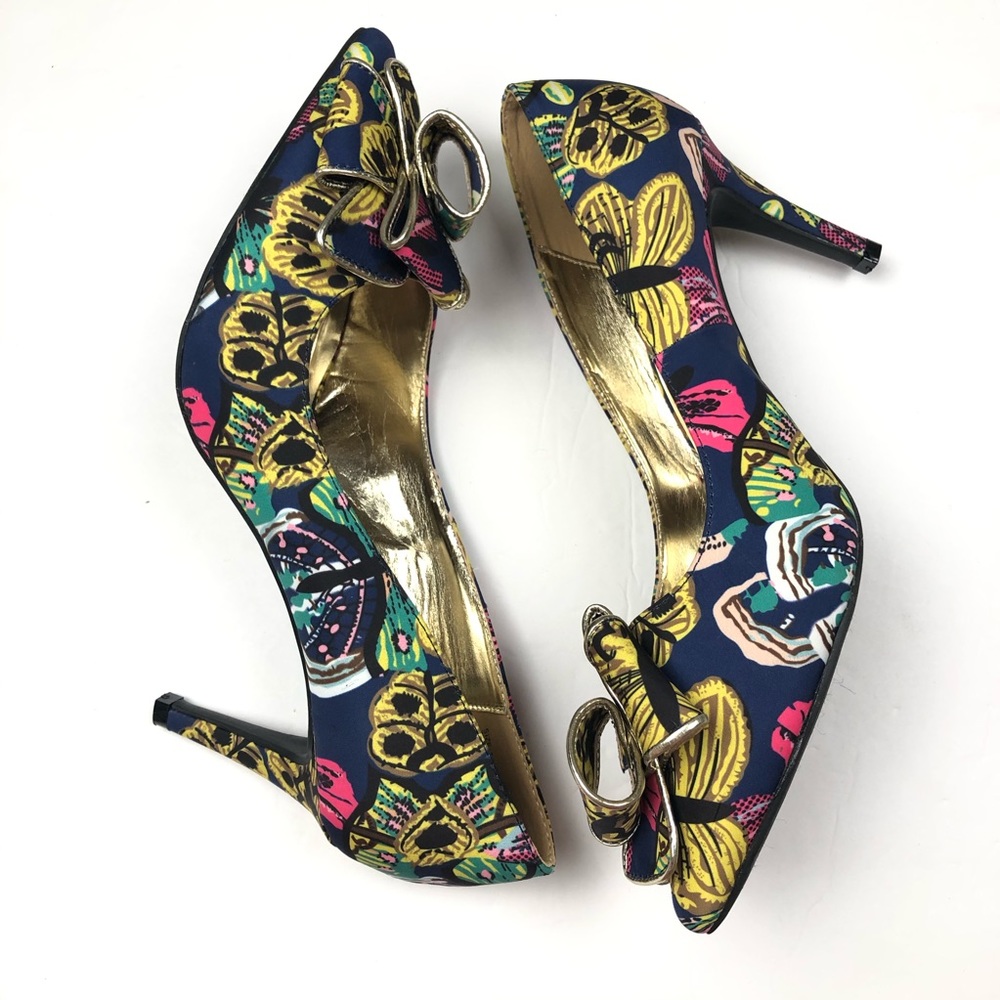 Floral Bow Pointed Toe Heels in Navy Multi - Picture 4 of 7